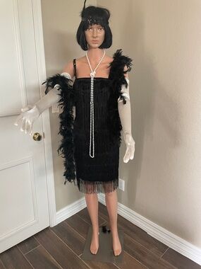 Black Fringe Roaring 20’s Flapper Dress with Feather Boa and White Gloves